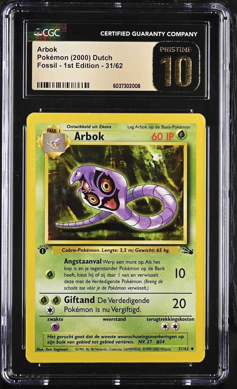 CGC 10 PRISTINE Arbok 1st Edition 31/62 Pokémon 2000 Dutch Fossil Card (PSA/BGS)